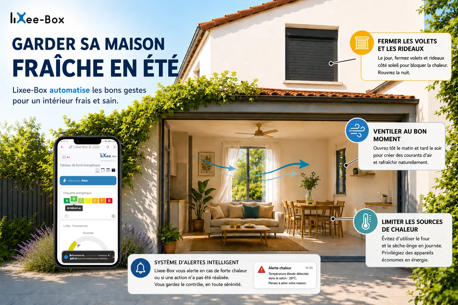 Garder sa maison fraîche en été avec la LiXee-Box : fermer les volets le jour, ventiler au bon moment, limiter les sources de chaleur, et recevoir une alerte en cas de forte chaleur