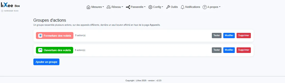 Page Config › Groupes d'actions de la LiXee-Box : deux groupes, Fermeture des volets et Ouverture des volets, 6 actions chacun, avec les boutons Tester, Modifier, Supprimer et Ajouter un groupe