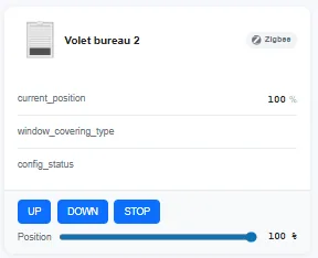 Carte d'un volet roulant Zigbee sur la LiXee-Box : attribut current_position à 100 %, boutons UP, DOWN, STOP et curseur Position