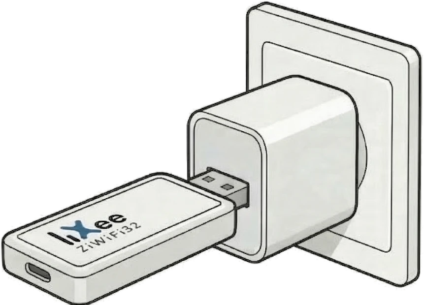 Illustration : la clé ZiWiFi32 de la LiXee-Box branchée sur un chargeur USB