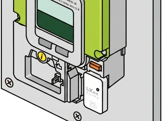 Illustration : le ZLinky_TIC clipsé sur la sortie téléinformation d'un compteur Linky