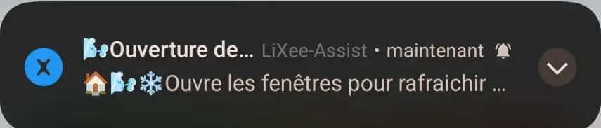Notification LiXee-Assist sur smartphone : « Ouvre les fenêtres pour rafraîchir »