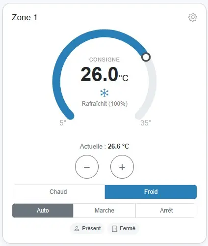 Cadran thermostat virtuel LiXee-Box en mode climatisation : consigne 26°C, Rafraîchit, sélecteur Chaud/Froid