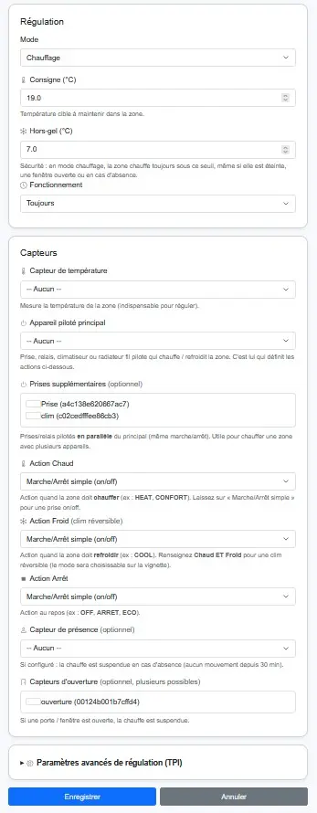Formulaire de configuration d'une zone de thermostat virtuel LiXee-Box