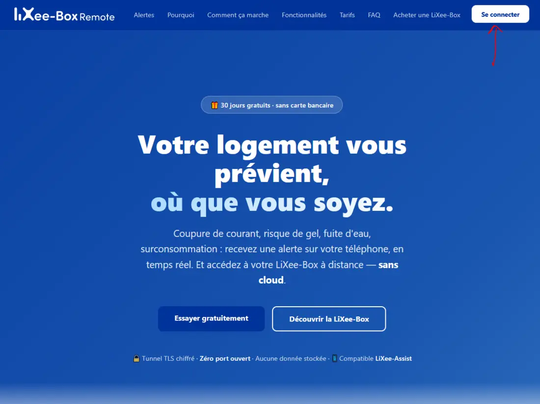 Page d'accueil remote.lixee-box.fr avec le bouton Se connecter en haut à droite