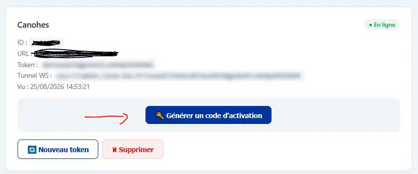 Fiche appareil dans le dashboard Remote avec le bouton Générer un code d'activation