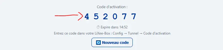 Code d'activation à 6 chiffres affiché dans l'espace Remote, avec compte à rebours d'expiration