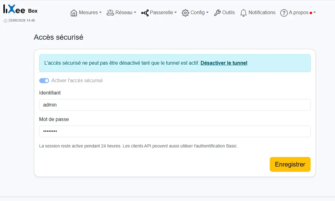 Page Accès sécurisé de la LiXee-Box : identifiant et mot de passe à définir