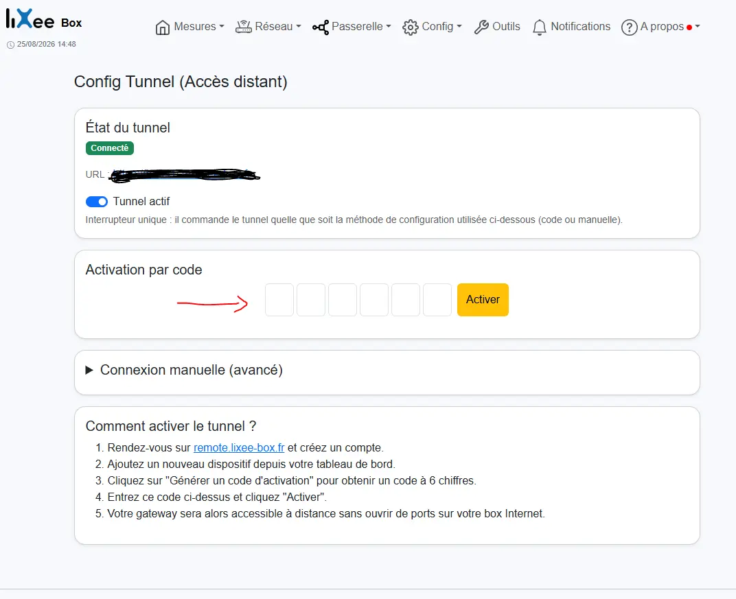Page Config Tunnel de la LiXee-Box : état Connecté, activation par code à 6 chiffres, bouton Activer