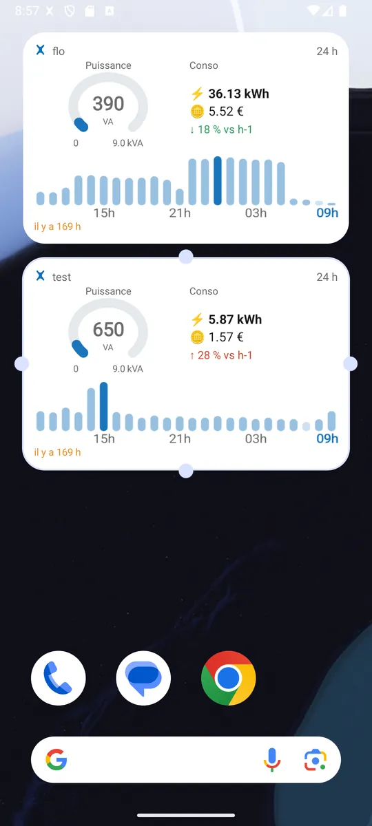 Écran d'accueil Android avec deux widgets LiXee-Assist Consommation : puissance instantanée 390 VA, 36,13 kWh et 5,52 € sur 24 h, histogramme horaire