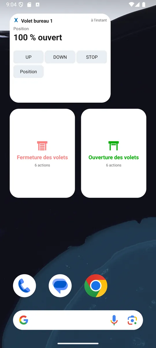 Écran d'accueil Android avec un widget d'action sur un volet (UP, DOWN, STOP, Position) et deux raccourcis de groupes d'actions : Fermeture des volets et Ouverture des volets