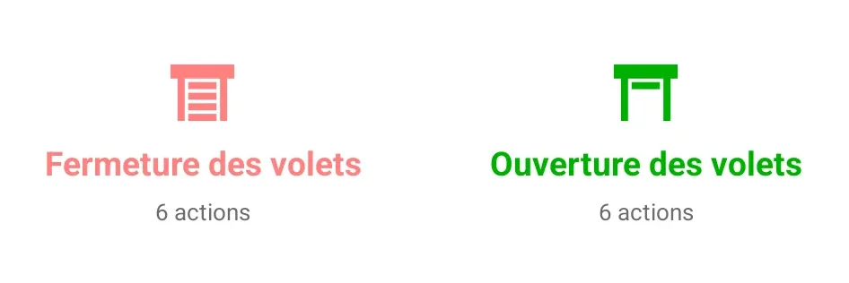 Deux raccourcis de groupes d'actions LiXee-Assist : Fermeture des volets et Ouverture des volets, 6 actions chacun