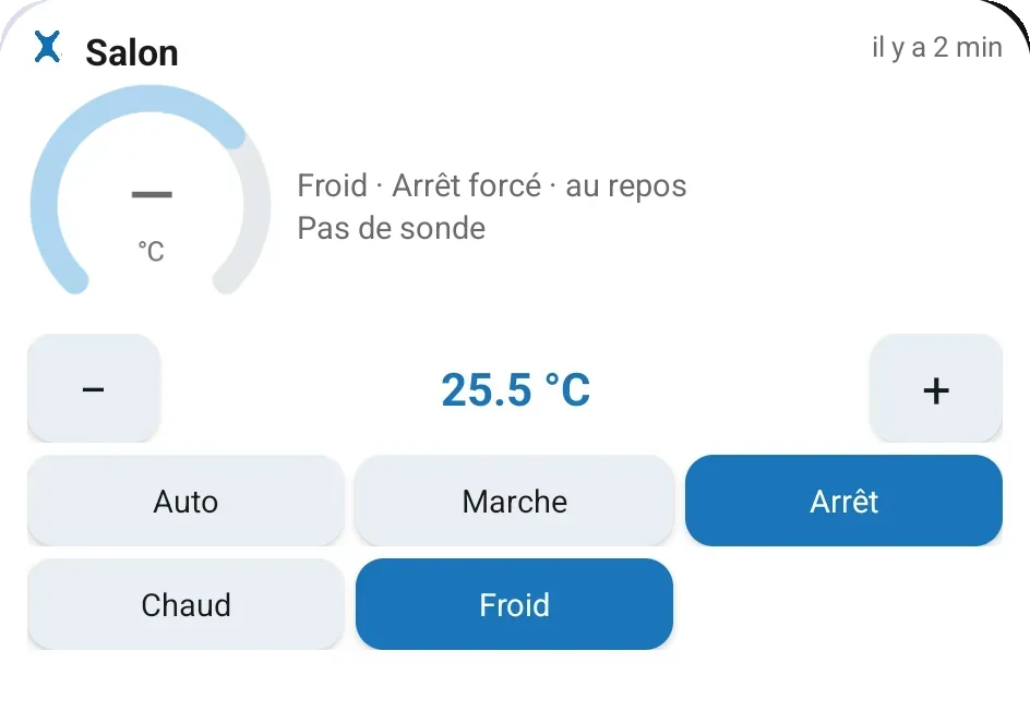 Widget thermostat LiXee-Assist interactif : zone Salon, consigne 25,5 °C avec boutons − et +, modes Auto, Marche, Arrêt, Chaud, Froid
