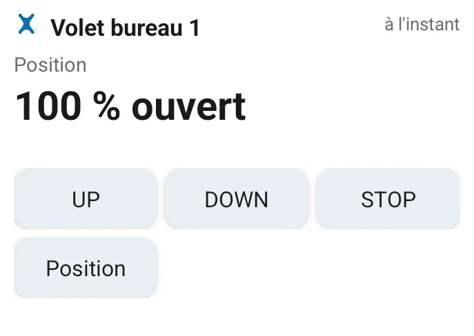 Widget action LiXee-Assist, exemple d'un volet roulant : position 100 % ouvert, boutons UP, DOWN, STOP et Position